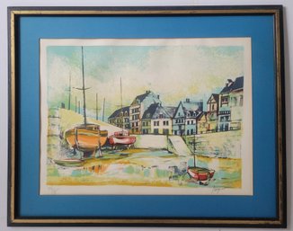 Color Pencil Signed Limited Edition Lithograph Titled 'Le Quai' (The Wharf) By Pierre Jacquot