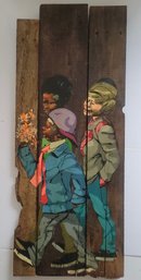 Painting On Wood Plank Stlyized Figures Possibly By Robert Carter