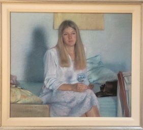 Pastel Of Woman Sitting Serenely With A Glass Of Wine