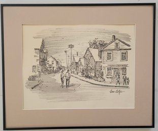 Framed Ink Sketch Of A Street Scene By Sam Coty Of A Coastal Village