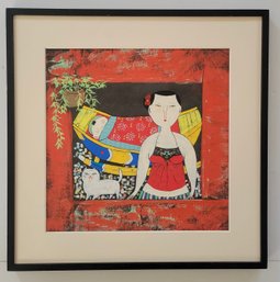 Print On Paper By Artist Wu Chi Yong, Titled 'Mother Child Cat'.