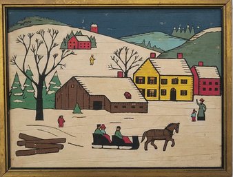 Vintage Folk Art On Wood Of Winter Scene