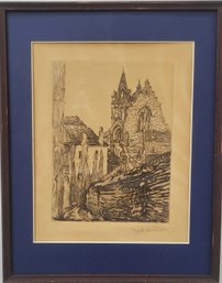 Vintage Etching Of Church, Pencil Siged, Very Aged
