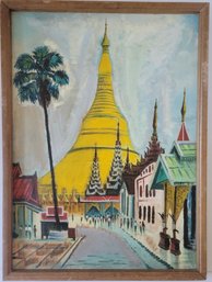Vintage Oil On Canvas Of Shwedagon Pagoda In Yangon, Myanmar