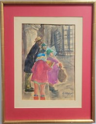 Water Color Of Street Scene With Several Figures
