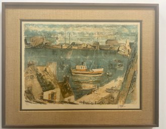 Lithograph By French Artist Jacques Petit. Titled  Vue Sur Le Port