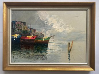 Oil Painting Depicting A Harbor Scene With Colorful Fishing Boats
