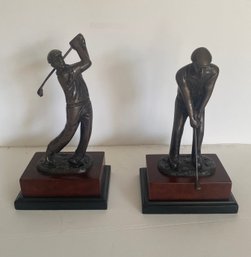 2 Bronze Golf Themed Sculptures On Wood Pedestal