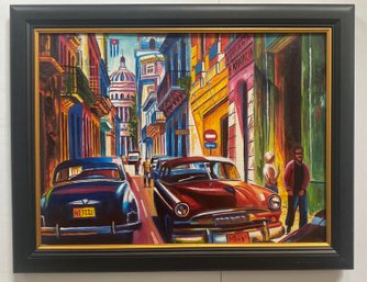 Oil On Canvas, Vividly Depicts A Bustling Street Scene In Havana
