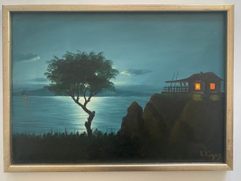 Original Oil Painting By K. Rigas By A Moonlit Seascape