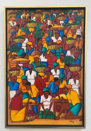 Vintage Oil On Canvas On Haitian Folk Art Of Market Place By Frantzy