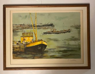 Limited Edition Lithograph  Of Boat On Seashore