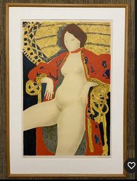 Color Lithograph Titled French Female Nude In Red Robe On Wicker Chair