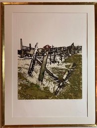 Pencil Signed Monochromatic Etching By Maidy Morhous Titled Fence Posts