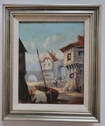 Oil Painting Of Coastal Village With Wooden Frame. Very Aged