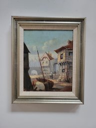 Original Oil Of Coastal Village With Wooden Frame. Very Aged