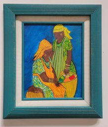 Acrylic Folk Art Of Two Women In Village. Signed On Bottom.