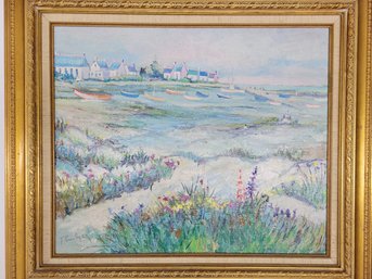 Antique Oil On Canvas Of Boats On Shore, Signed