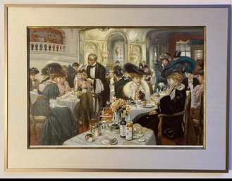 17th Century  Color Lithograph Of Restaurant. Brown Metal Frame. Good Condition