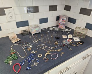 Assorted Collection Of Vintage Costume Jewelry And Decorative Trinket Boxes,