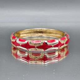 Gold And Red Enamel Clamper Bracelet Gold Tone Rhinestones