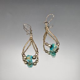 Navajo Liquid Sterling Silver Turquoise Nugget Dangle Hoop Earrings