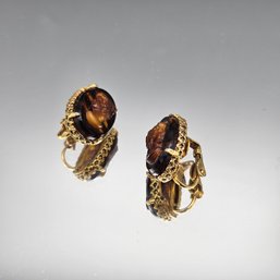 Clip On Earrings Gold Plated Camo Faux Tortoiseshell