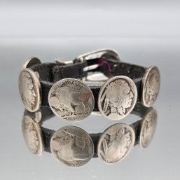Buffalo And Native American Coin Leather Bracelet