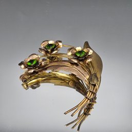 Harry Iskin 10K Gold Filled Floral Brooch W/ Green Rhinestone