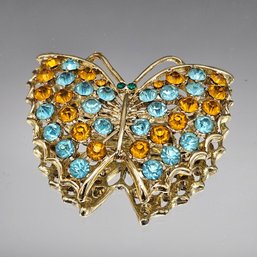 Gold Tone And Rhinestone Butterfly Brooch