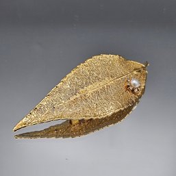 Pearl On Eucalyptus Leaf Gold ToneBrooch
