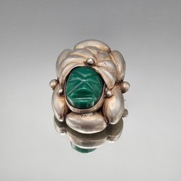 Sterling Silver Mexico Green Stone Face Brooch