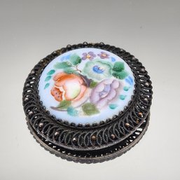 Hand Painted Russian Rostov Finift Floral Blue Round Brooch