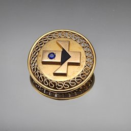 12K Gold Filled Round Brooch With Blue Gem Stone