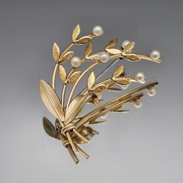 Krementz Gold Tone White Pearl Leaf Brooch