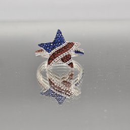 Red White And Blue Star Ring Silver Toned