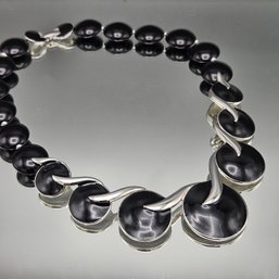 Trifari Art Deco Silver And Black Enamel Necklace
