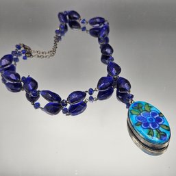 Hand Painted Enamel Ceramic Floral Pendant Necklace