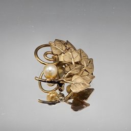 12 K Gold Filled Leaf & Vine With Pearl Brooch