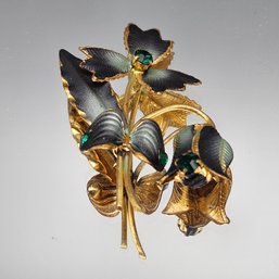 Gold And Black Flower Brooch With Green Rhinestones