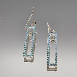 Silver Tone Rectangle Drop Earrings With Blue Dot Design
