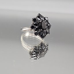 .925 Sterling Silver Black Cubic Zirconia Flower Ring Size 8