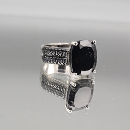 Rhodium Plated Sterling Silver Ring With Black Spinel