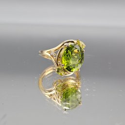 .925 Sterling Silver Ring With Yellow Peridot And Diamond Accents