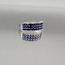 .925 Sterling Silver Blue Gemstone Square Cut Cluster Band Ring