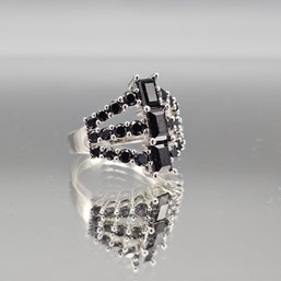 Sterling Silver 925 Black Spinel Statement Ring Geometric Design Size 9.510