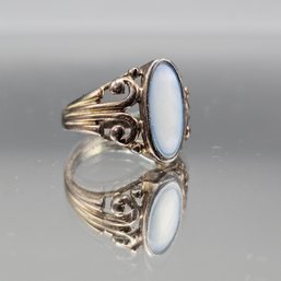 Vintage Sterling Silver Oval Cabochon Ring With Scrollwork Setting