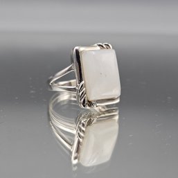 Sterling Silver Rectangular White Cabochon Style Ring Rope Accent Size 7