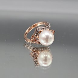 Elegant Sterling Silver Rose Tone Ring Featuring White Cabochon & Accent Stones  6.5
