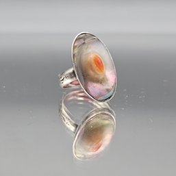 Sterling Silver Abalone Shell Oval Statement Ring  Artisan Modernist Design - Size 6